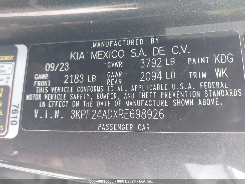 2024 Kia Forte Lxs VIN: 3KPF24ADXRE698926 Lot: 40015038