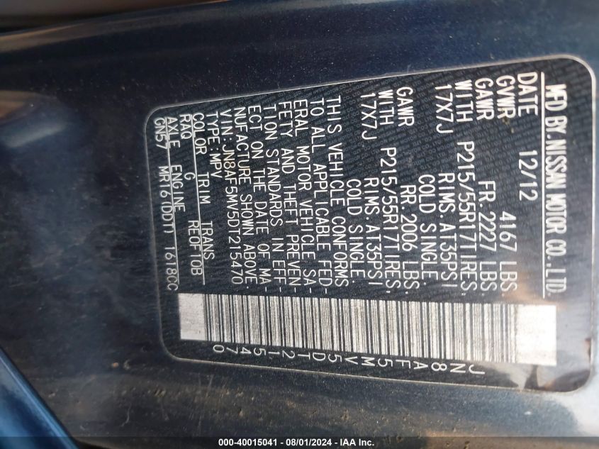 2013 Nissan Juke S VIN: JN8AF5MV5DT215470 Lot: 40015041