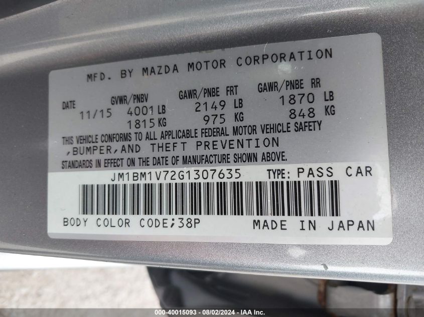 2016 Mazda Mazda3 I Touring VIN: JM1BM1V72G1307635 Lot: 40015093