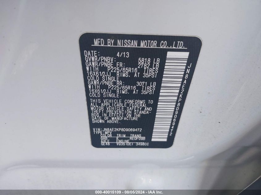 2013 Nissan Quest S VIN: JN8AE2KP8D9069472 Lot: 40015109