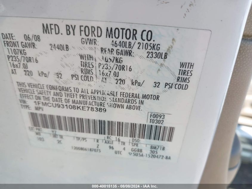 2008 Ford Escape Xlt VIN: 1FMCU93108KE78389 Lot: 40015135