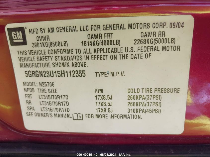 2005 Hummer H2 Suv VIN: 5GRGN23U15H112355 Lot: 40015140