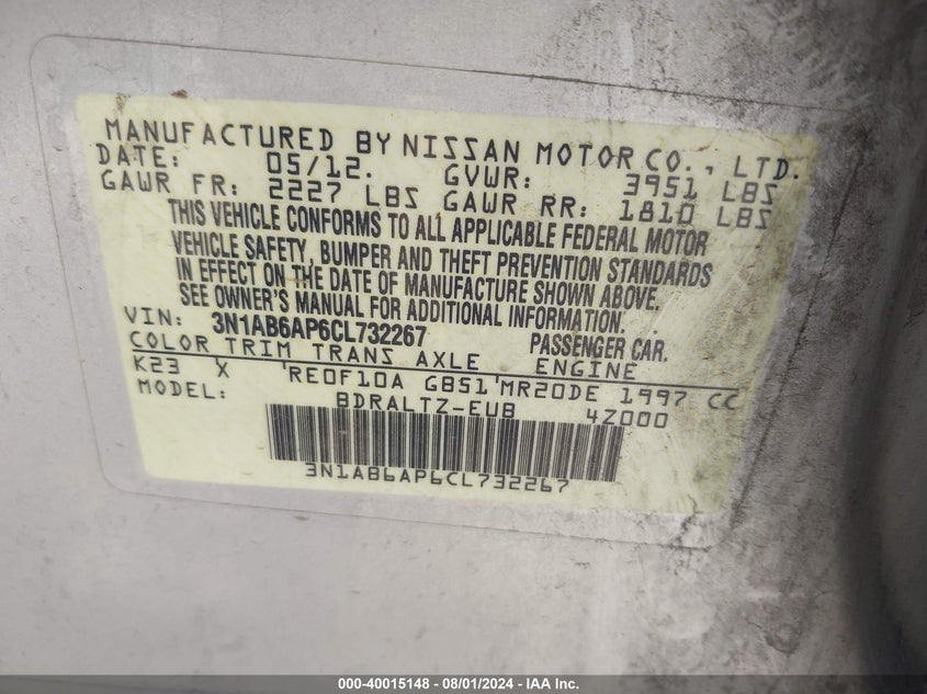 2012 Nissan Sentra 2.0 S VIN: 3N1AB6AP6CL732267 Lot: 40015148