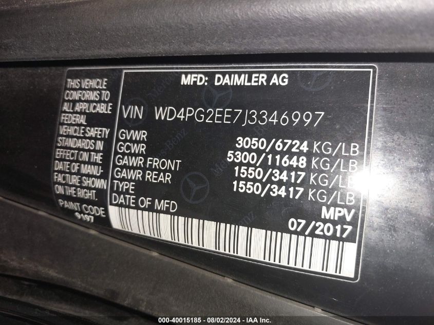 2018 Mercedes-Benz Metris VIN: WD4PG2EE7J3346997 Lot: 40015185