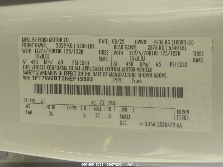2022 Ford F250 Super Duty VIN: 1FT7W2BT2NEF15592 Lot: 40015231
