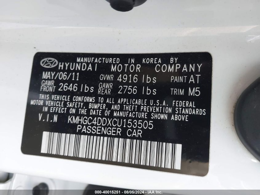 2012 Hyundai Genesis 3.8 VIN: KMHGC4DDXCU153505 Lot: 40015251