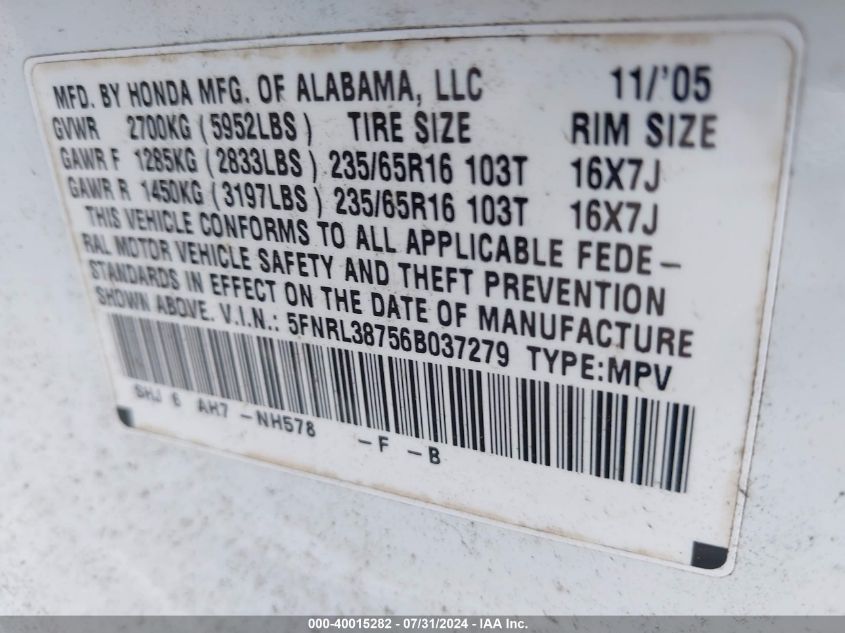 2006 Honda Odyssey Ex-L VIN: 5FNRL38756B037279 Lot: 40015282