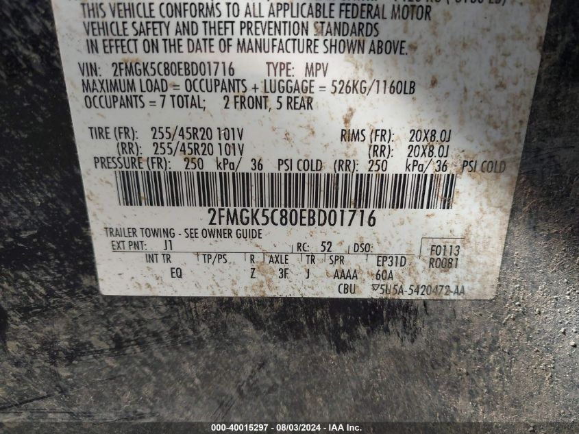 2014 Ford Flex Sel VIN: 2FMGK5C80EBD01716 Lot: 40015297