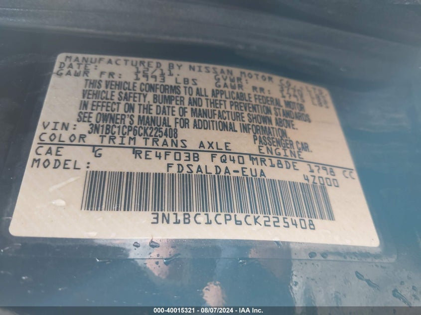 2012 Nissan Versa 1.8 S VIN: 3N1BC1CP6CK225408 Lot: 40015321