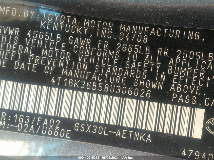 2008 Toyota Avalon Xl/Xls/Touring/Limited VIN: 4T1BK36B68U306026 Lot: 40015379