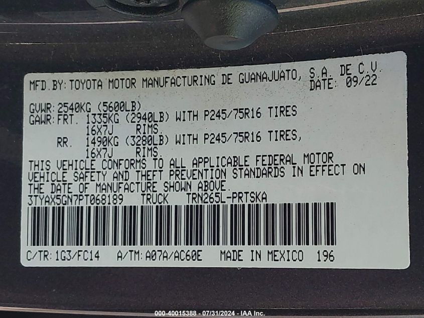 2023 Toyota Tacoma Sr5 VIN: 3TYAX5GN7PT068189 Lot: 40015388