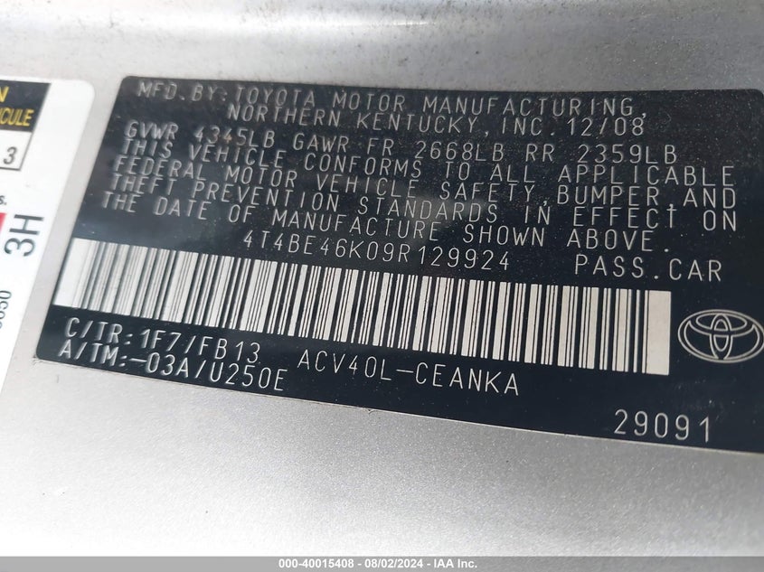 2009 Toyota Camry Le VIN: 4T4BE46K09R129924 Lot: 40015408