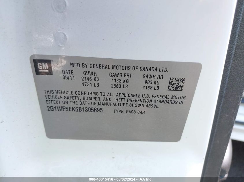 2011 Chevrolet Impala Ls VIN: 2G1WF5EK6B1305695 Lot: 40015416