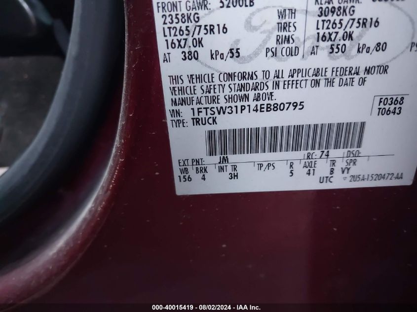 2004 Ford F350 Srw Super Duty VIN: 1FTSW31P14EB80795 Lot: 40015419