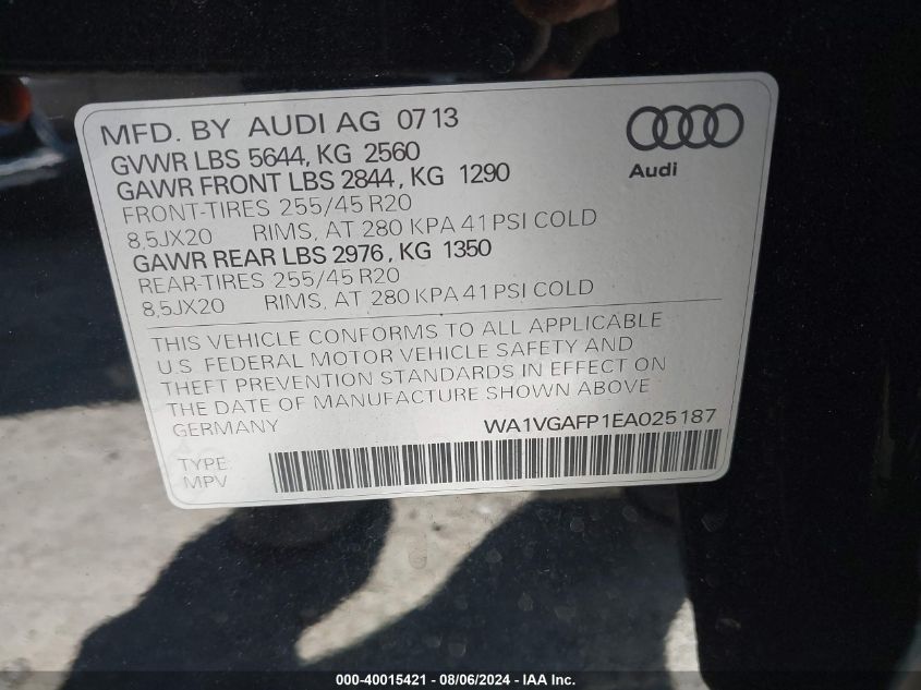 2014 Audi Sq5 3.0T Premium Plus VIN: WA1VGAFP1EA025187 Lot: 40015421