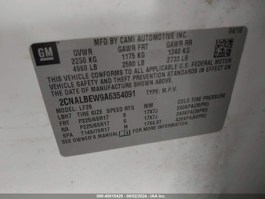 2010 Chevrolet Equinox Ls VIN: 2CNALBEW9A6354091 Lot: 40015429