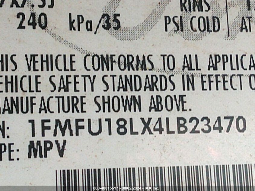 2004 Ford Expedition Eddie Bauer VIN: 1FMFU18LX4LB23470 Lot: 40015517