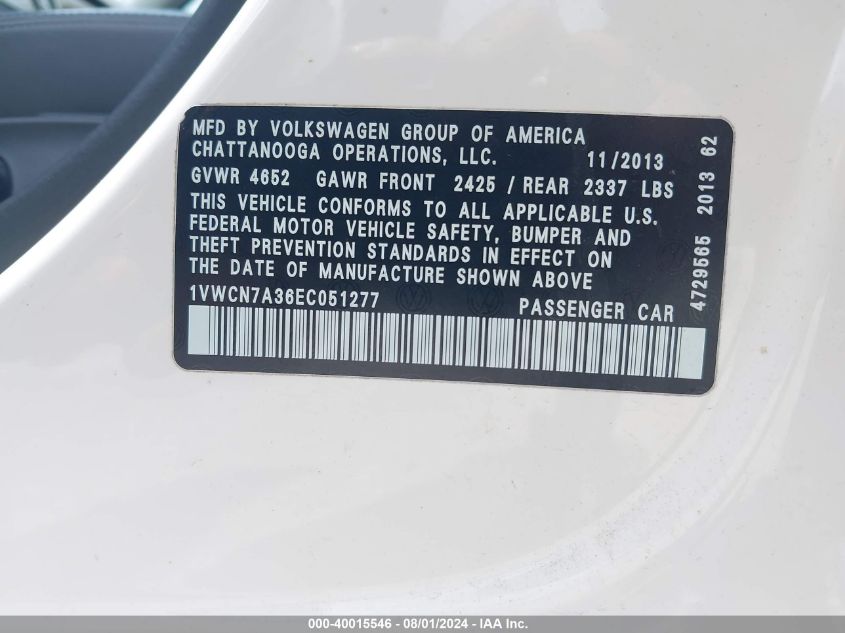 2014 Volkswagen Passat 2.0L Tdi Sel Premium VIN: 1VWCN7A36EC051277 Lot: 40015546