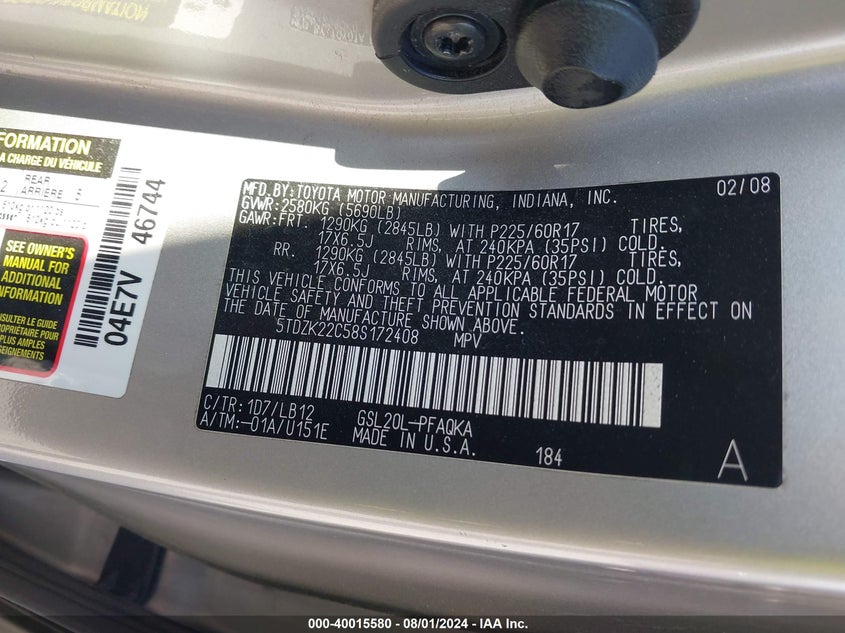 2008 Toyota Sienna Xle VIN: 5TDZK22C58S172408 Lot: 40015580