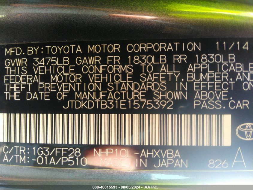 JTDKDTB31E1575392 2014 Toyota Prius C Two