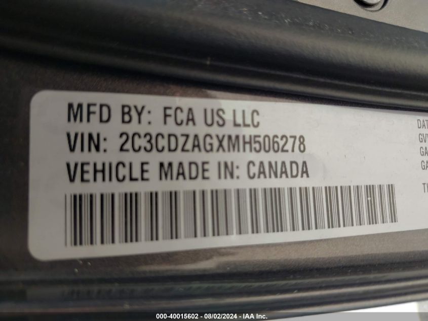 2021 Dodge Challenger Sxt VIN: 2C3CDZAGXMH506278 Lot: 40015602