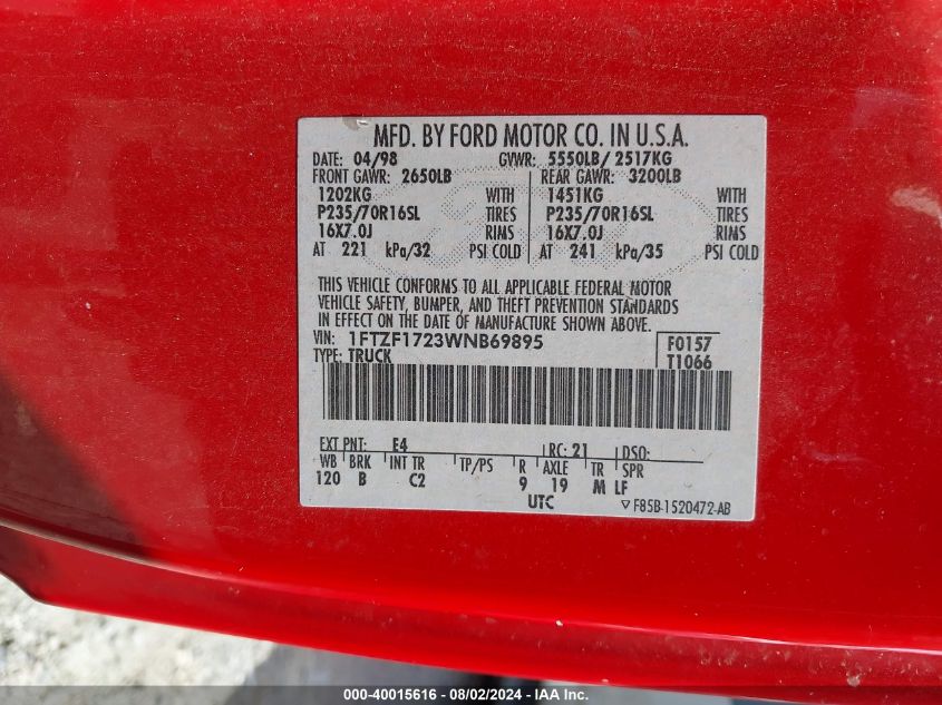 1998 Ford F-150 Standard/Xl/Xlt VIN: 1FTZF1723WNB69895 Lot: 40015616