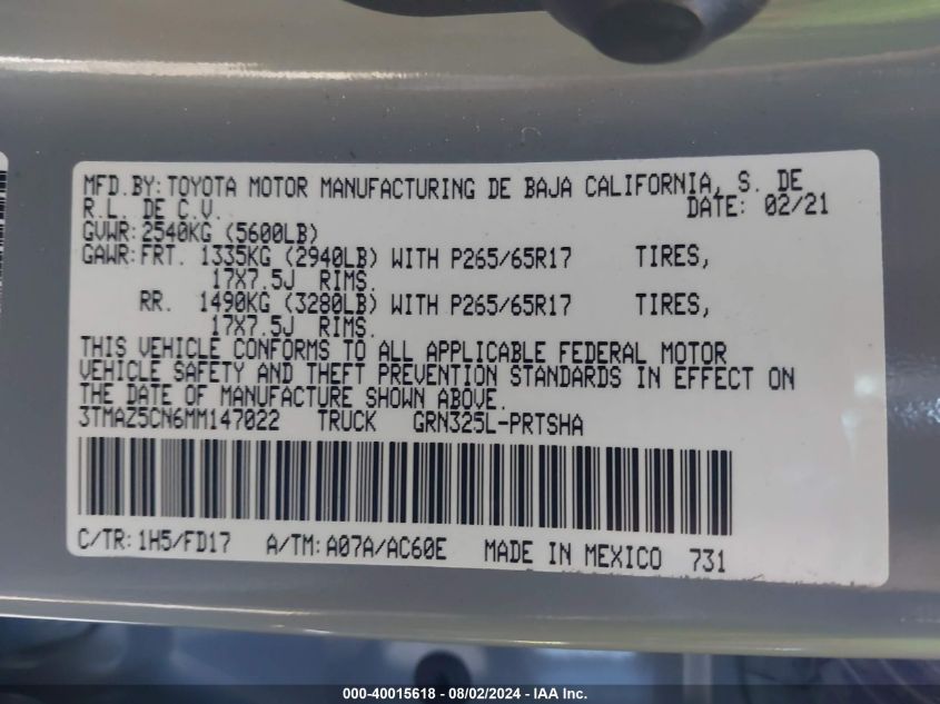 2021 Toyota Tacoma Double Cab/Sr5/Trd Sport/ VIN: 3TMAZ5CN6MM147022 Lot: 40015618