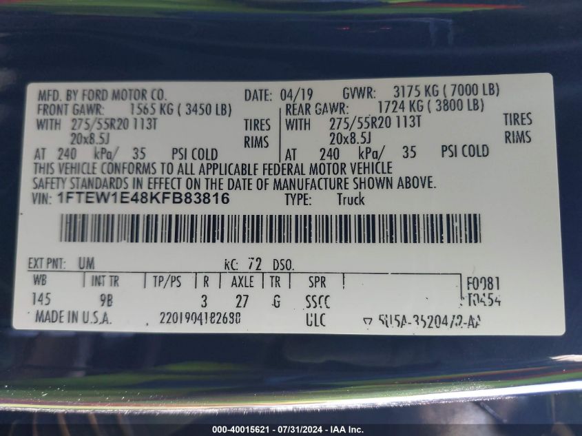 2019 Ford F-150 Platinum VIN: 1FTEW1E48KFB83816 Lot: 40015621