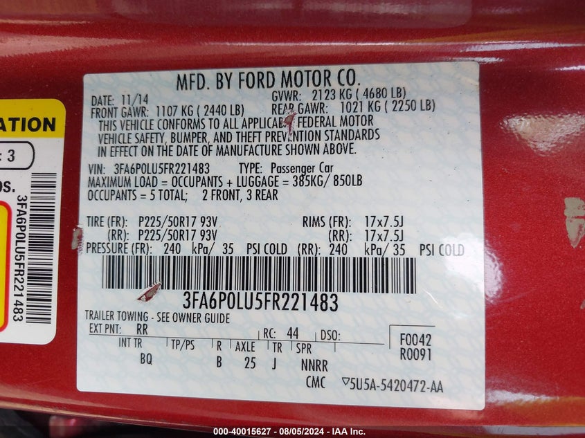 2015 Ford Fusion Hybrid Se VIN: 3FA6P0LU5FR221483 Lot: 40015627