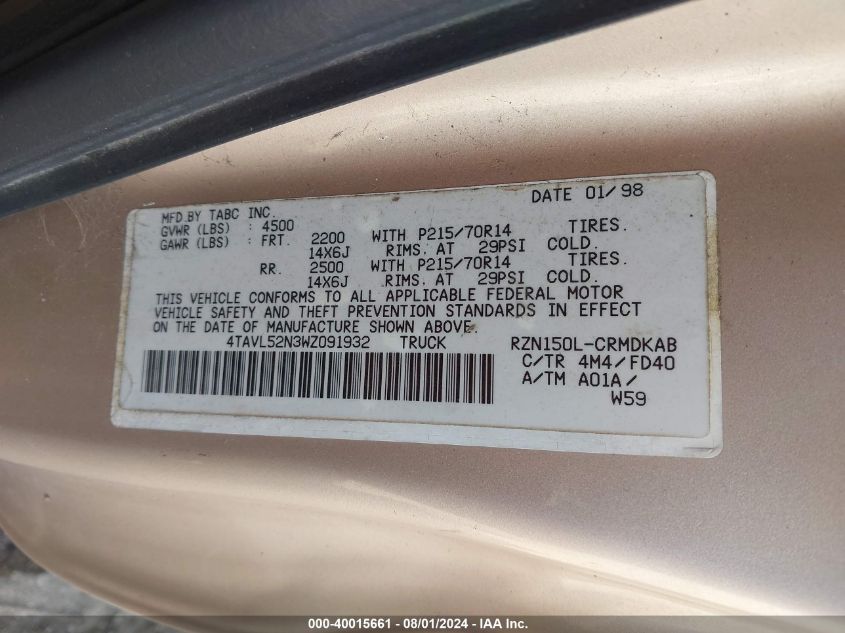 1998 Toyota Tacoma VIN: 4TAVL52N3WZ091932 Lot: 40015661