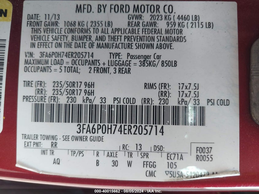 2014 Ford Fusion Se VIN: 3FA6P0H74ER205714 Lot: 40015662