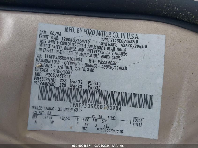 1999 Ford Taurus Se/Se-Ne VIN: 1FAFP53SXXG103904 Lot: 40015671