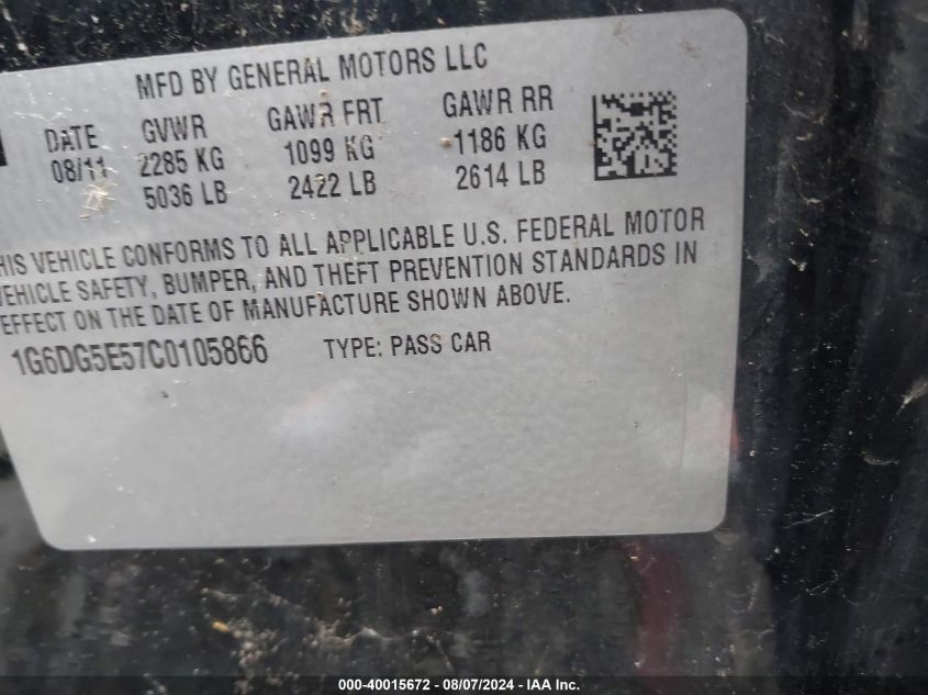 2012 Cadillac Cts Luxury VIN: 1G6DG5E57C0105866 Lot: 40015672