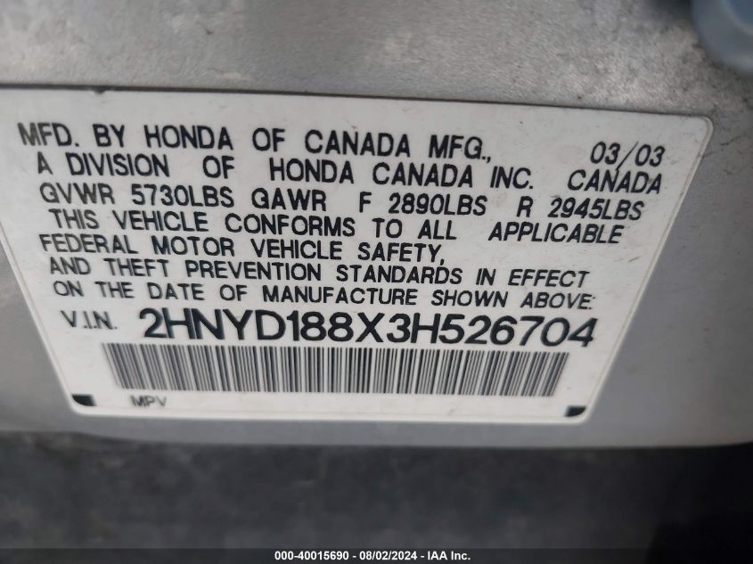 2003 Acura Mdx VIN: 2HNYD188X3H526704 Lot: 40015690