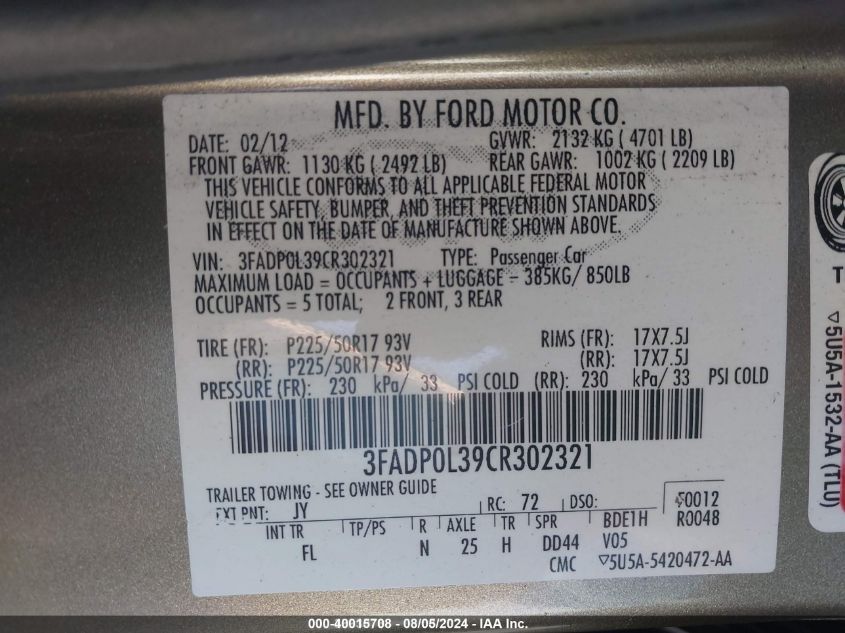 2012 Ford Fusion Hybrid VIN: 3FADP0L39CR302321 Lot: 40015708