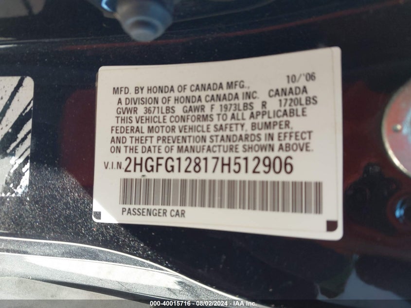 2007 HONDA CIVIC VIN: 1FADP3K23HL293342