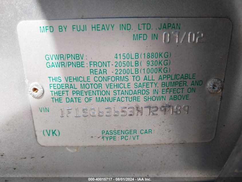 2003 Subaru Forester X VIN: JF1SG63653H729789 Lot: 40015717