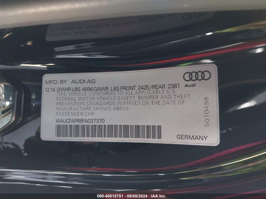 2015 Audi A5 2.0T Premium VIN: WAUCFAFR8FA037370 Lot: 40015751