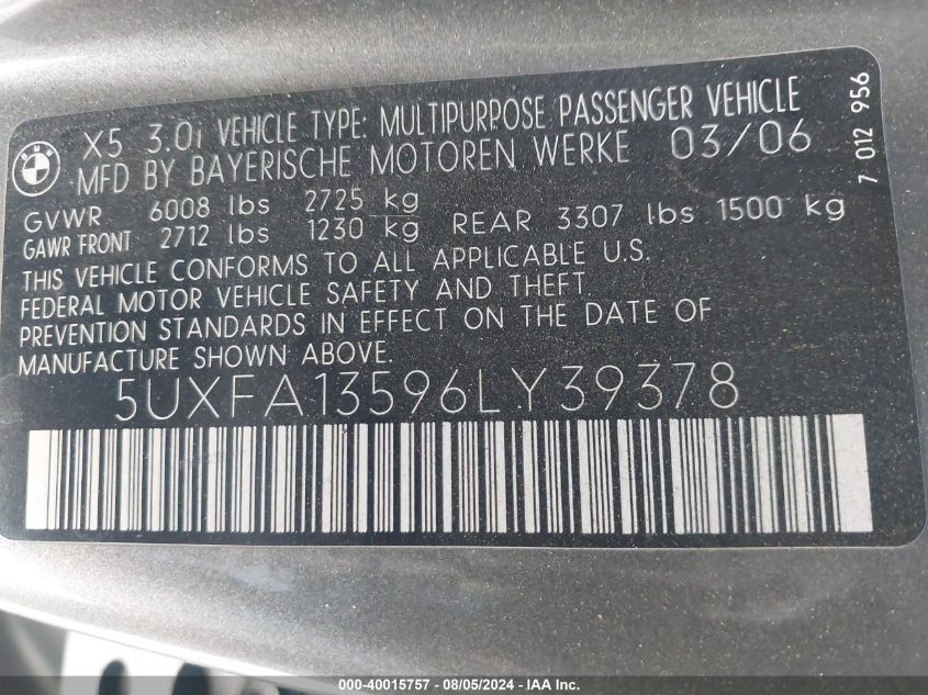2006 BMW X5 3.0I VIN: 5UXFA13596LY39378 Lot: 40015757
