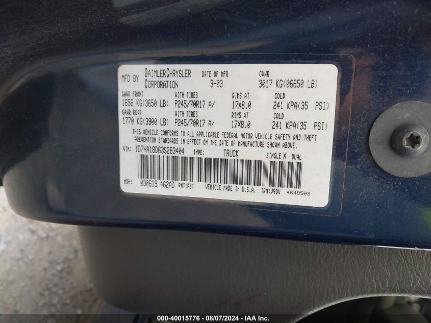 2003 Dodge Ram 1500 Slt/Laramie/St VIN: 1D7HA18D63S283404 Lot: 40015776