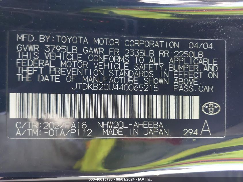 2004 Toyota Prius VIN: JTDKB20U440065215 Lot: 40015793