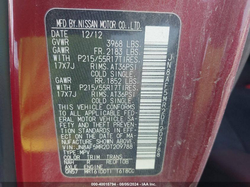 2013 Nissan Juke Sv VIN: JN8AF5MR2DT209788 Lot: 40015794