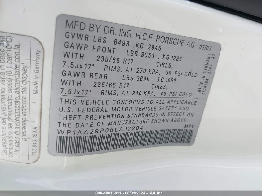 2008 Porsche Cayenne VIN: WP1AA29P08LA12204 Lot: 40015811