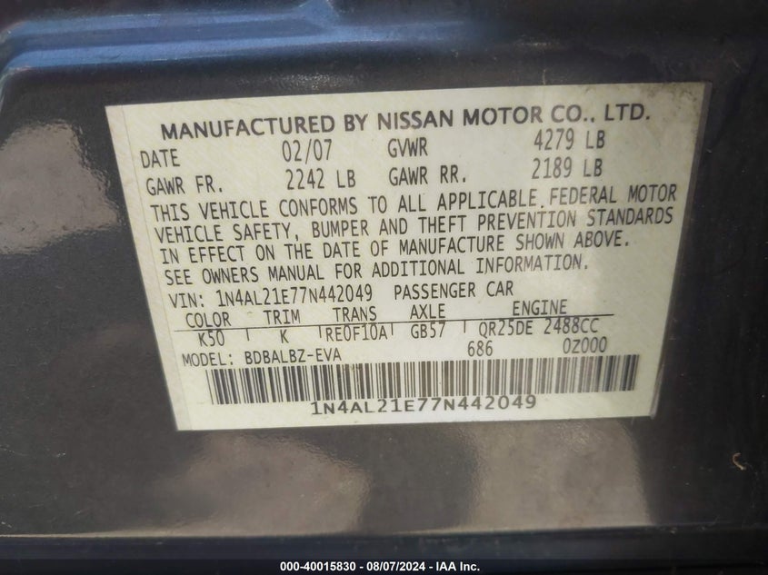2007 Nissan Altima 2.5 S VIN: 1N4AL21E77N442049 Lot: 40015830