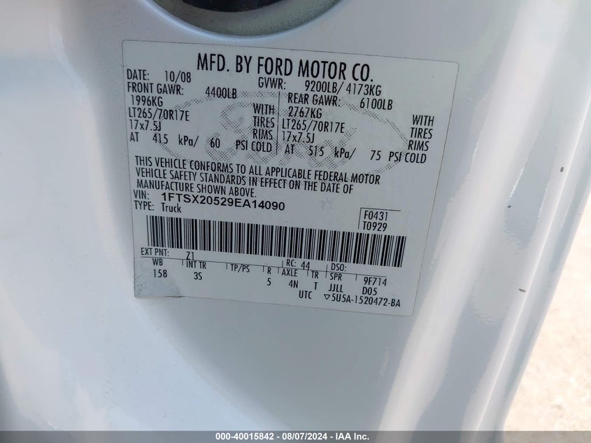 2009 Ford F-250 Lariat/Xl/Xlt VIN: 1FTSX20529EA14090 Lot: 40015842