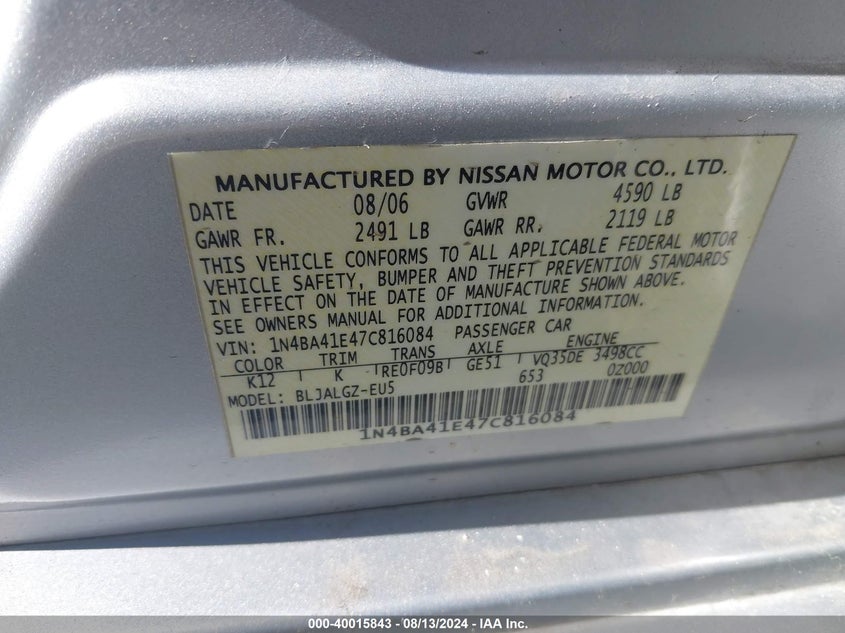 2007 Nissan Maxima 3.5 Sl VIN: 1N4BA41E47C816084 Lot: 40015843