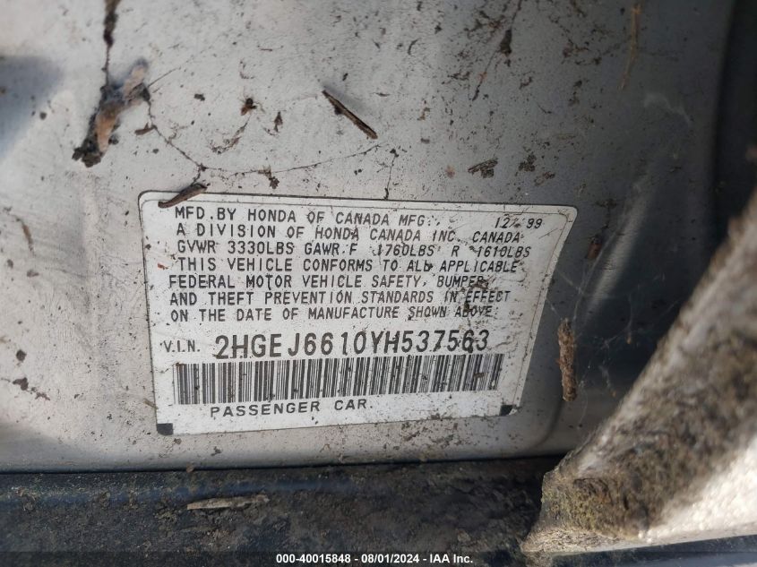 2HGEJ6610YH537563 2000 Honda Civic Value Package