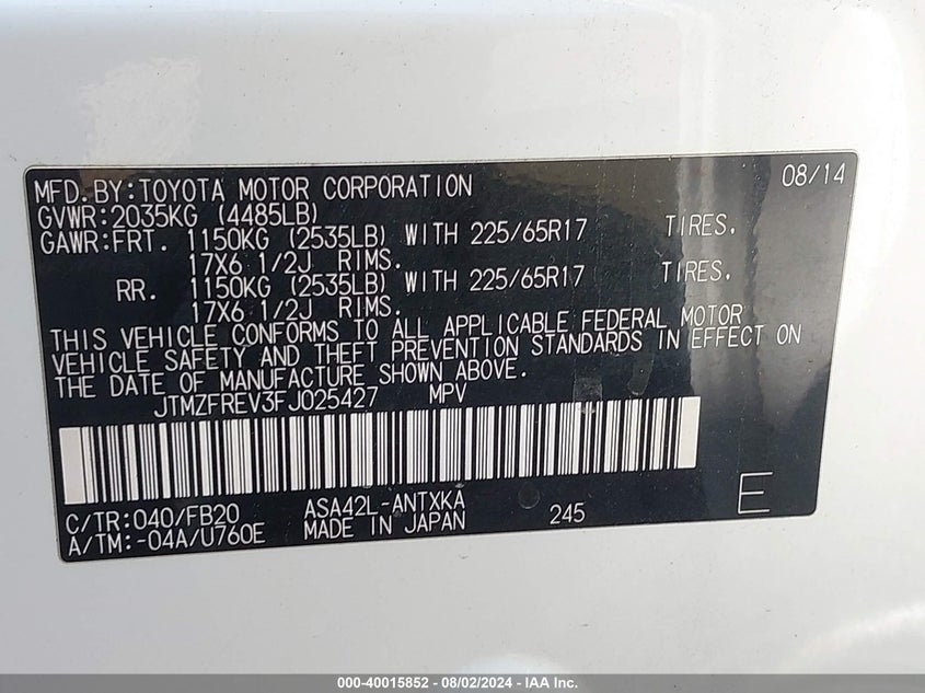 2015 TOYOTA RAV4 VIN: LUCGE8G73C3002793