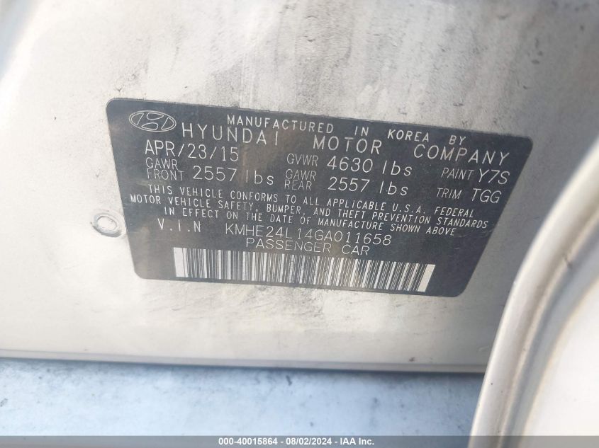 2016 Hyundai Sonata Hybrid Se VIN: KMHE24L14GA011658 Lot: 40015864