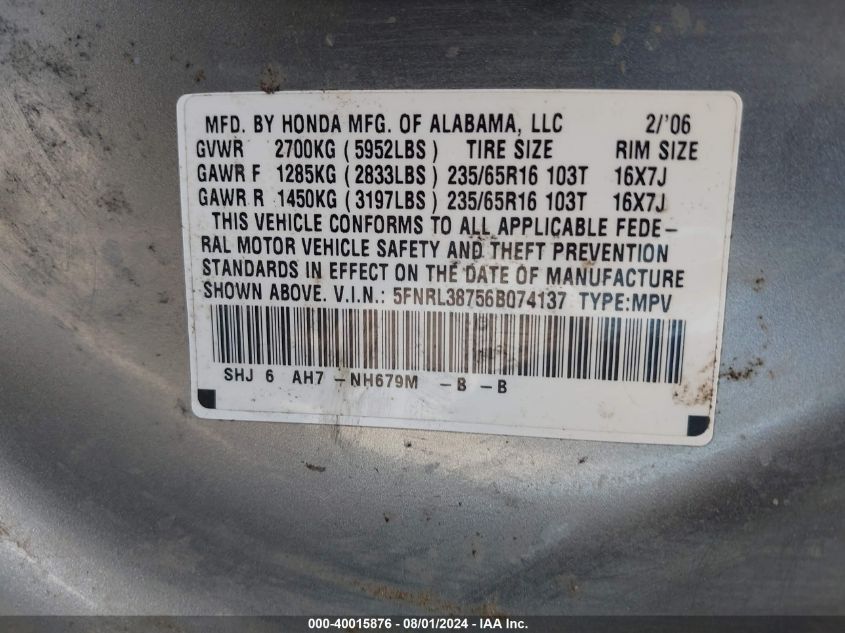 2006 Honda Odyssey Ex-L VIN: 5FNRL38756B074137 Lot: 40015876